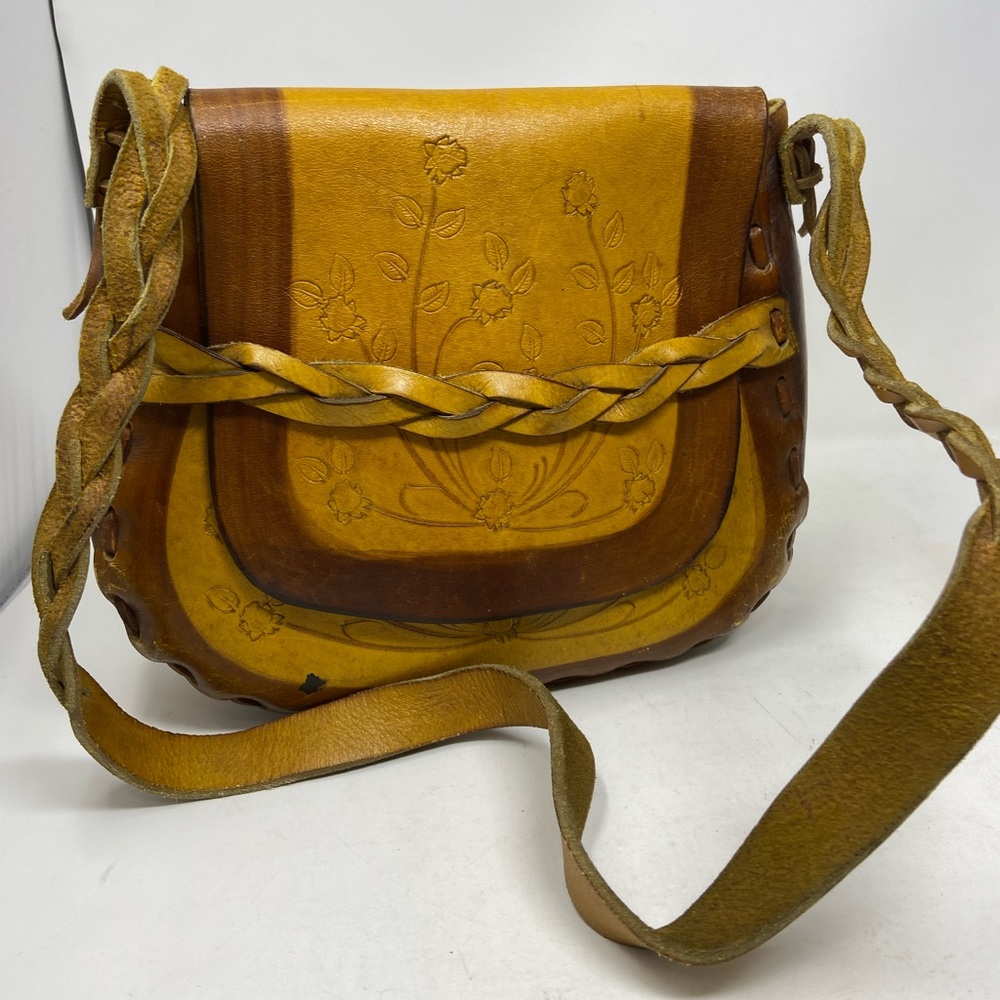 Vintage 60s Tooled Leather Saddle Bag Purse